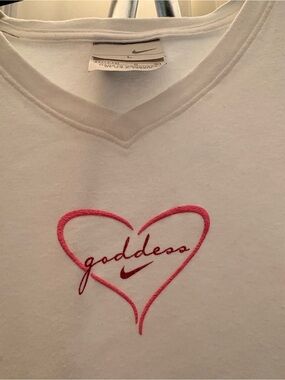 Nike White V-Neck Tee with Pink Heart and 'goddess' Script